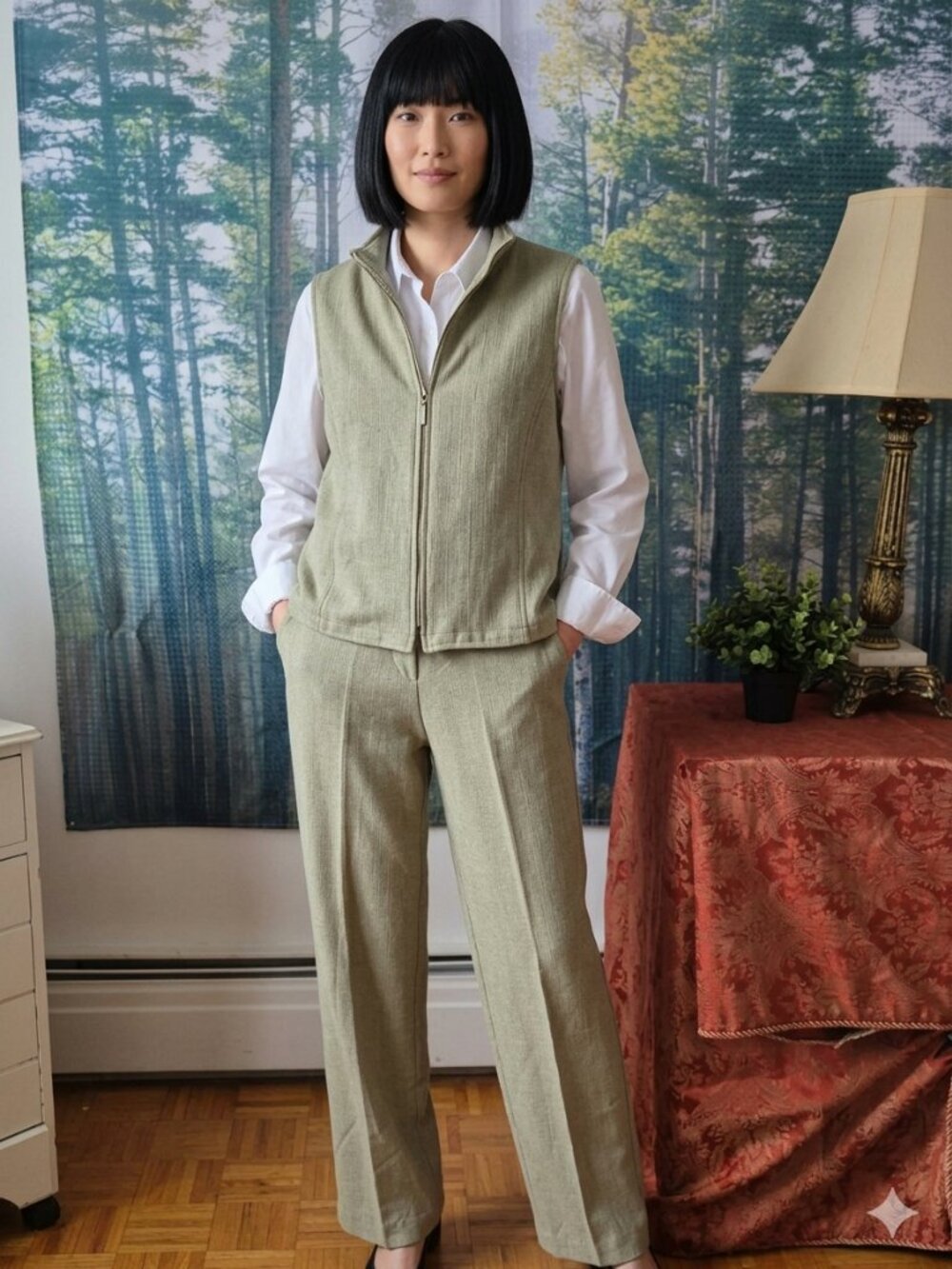 Medium San Francisco Striped Slub Knit Two-Piece Set in Sage Green